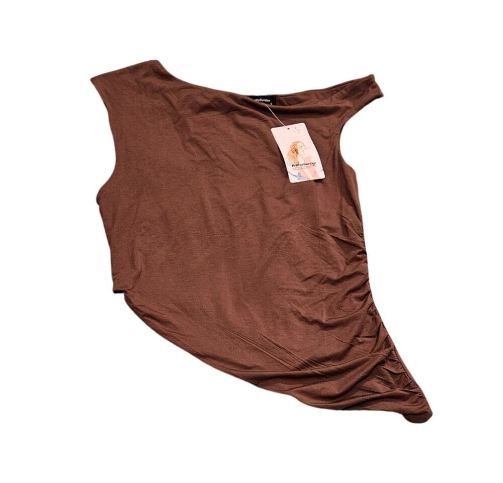 PrettyGarden Brown Asymmetrical Ruched Modal Stretch Top Small NWT